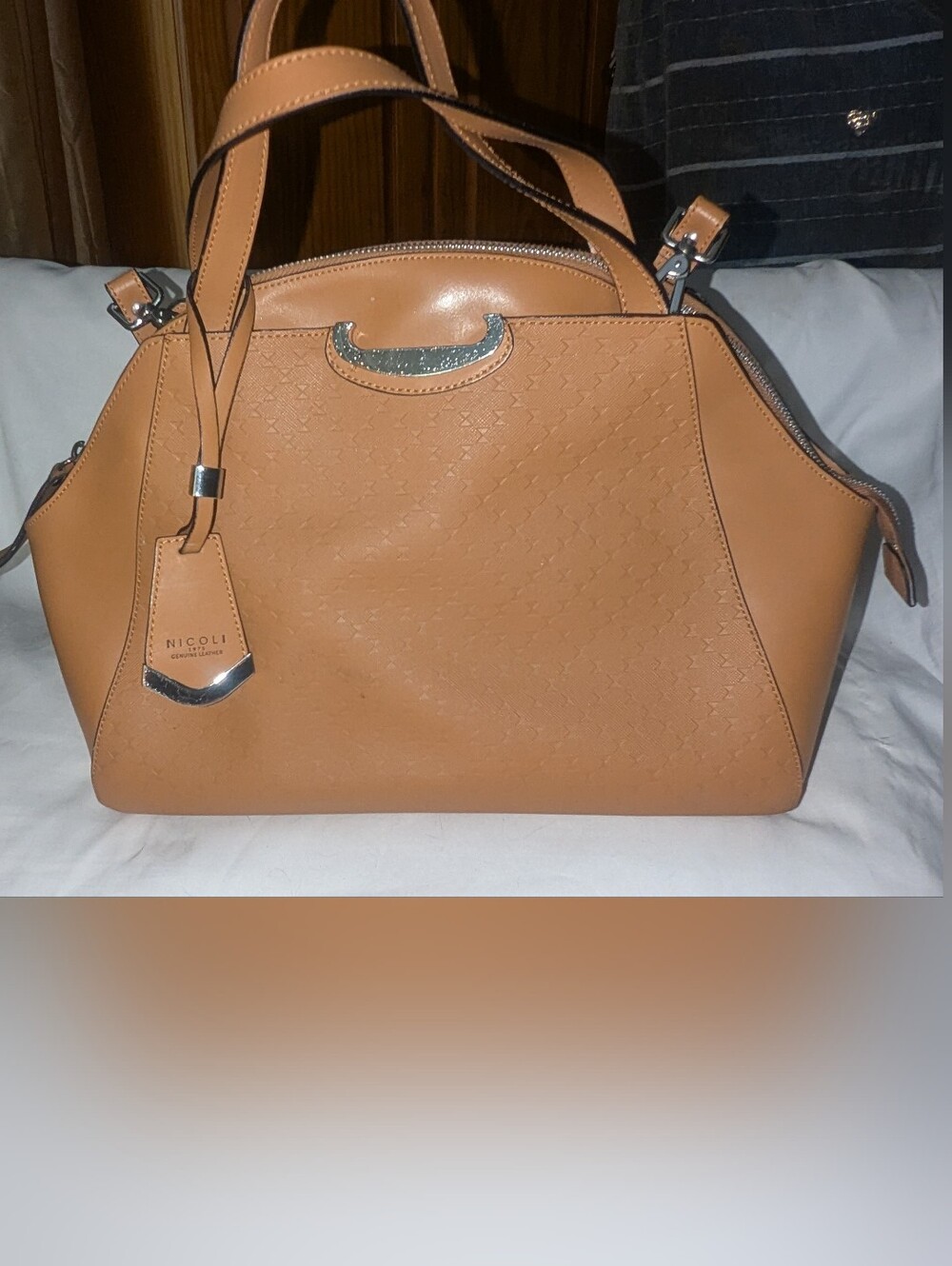 NICOLI Caramel Tan Leather Satchel with Top Handles And Crossbody Strap